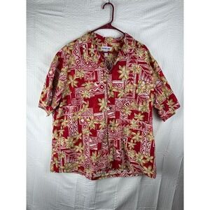 Vintage 90s Aloha Line Hawaiian Shirt Red Rayon Tapa Tribal Floral XL Hawaii